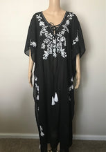 Load image into Gallery viewer, Embroidered Black Kaftan with White Flowers
