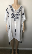 Load image into Gallery viewer, Embroidered White Kaftan with Navy Flowers