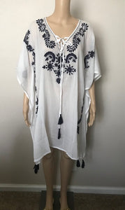Embroidered White Kaftan with Navy Flowers